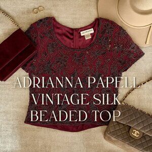 Adrianna Papell Vintage Silk Beaded Top Burgundy Red Petite 10 Short Sleeve Luxe